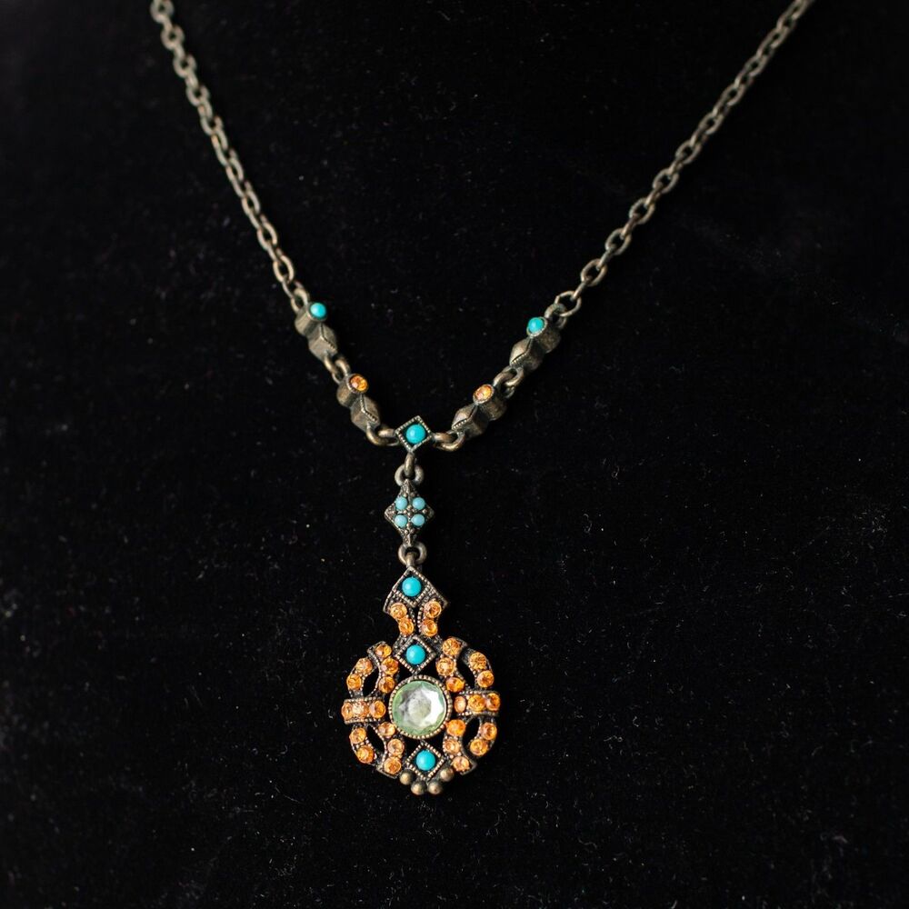 Claire's Vintage Style Necklace Amber Rhinestone Turquoise Cabochon Pendant